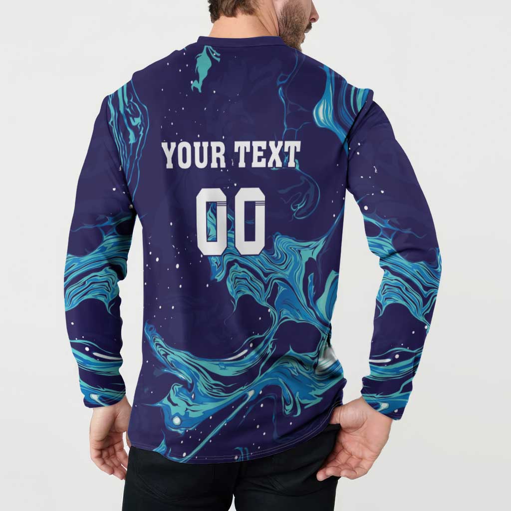 Men's navy rugby button sweatshirt back with YOUR TEXT 00 and teal wave graphics