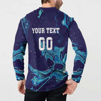 Men's navy rugby button sweatshirt back with YOUR TEXT 00 and teal wave graphics