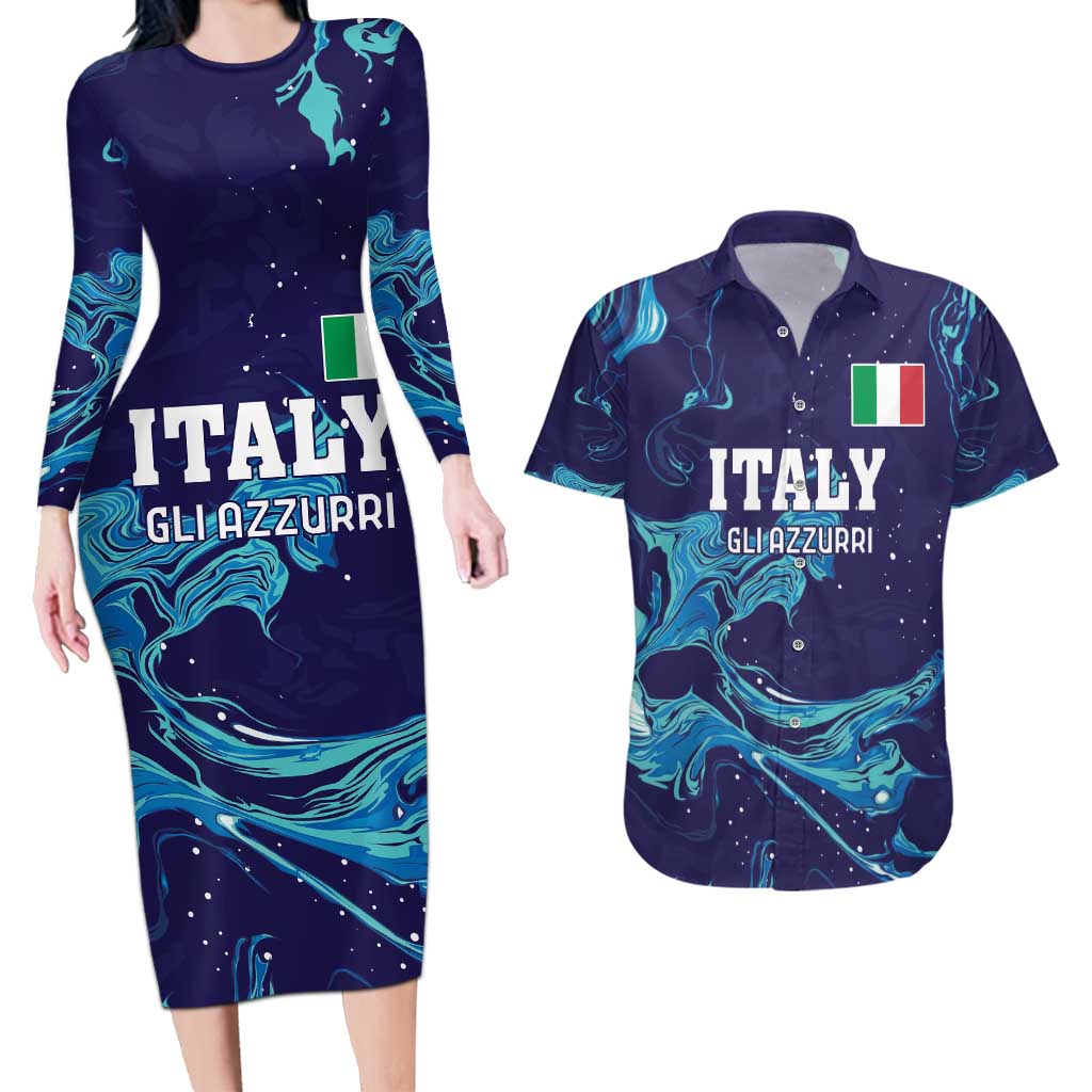 Custom Italy Rugby Couples Matching Long Sleeve Bodycon Dress and Hawaiian Shirt Gli Azzurri Flame Pattern