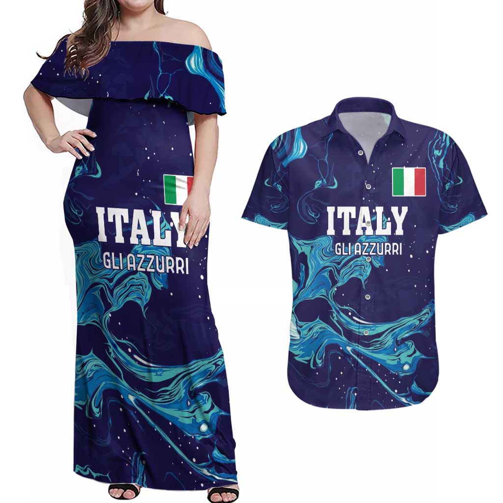 Custom Italy Rugby Couples Matching Off Shoulder Maxi Dress and Hawaiian Shirt Gli Azzurri Flame Pattern