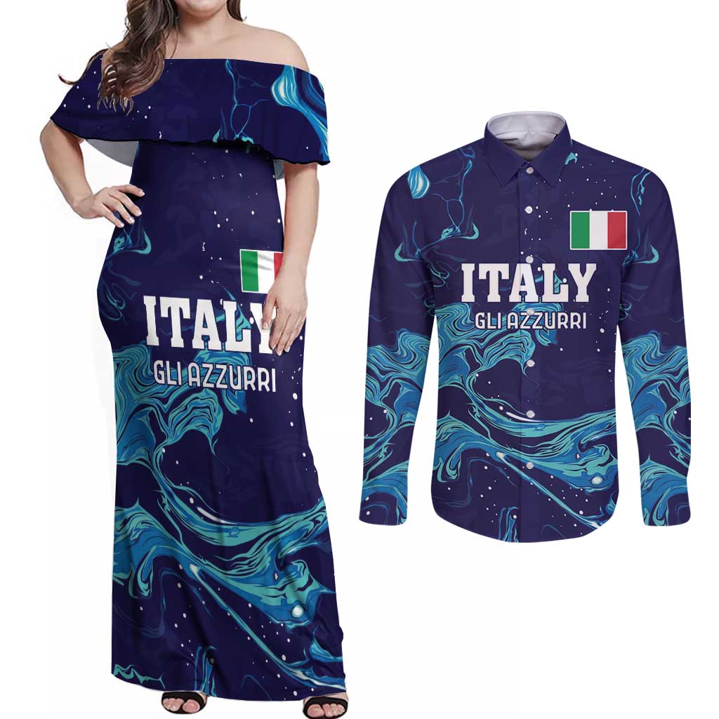 Custom Italy Rugby Couples Matching Off Shoulder Maxi Dress and Long Sleeve Button Shirt Gli Azzurri Flame Pattern