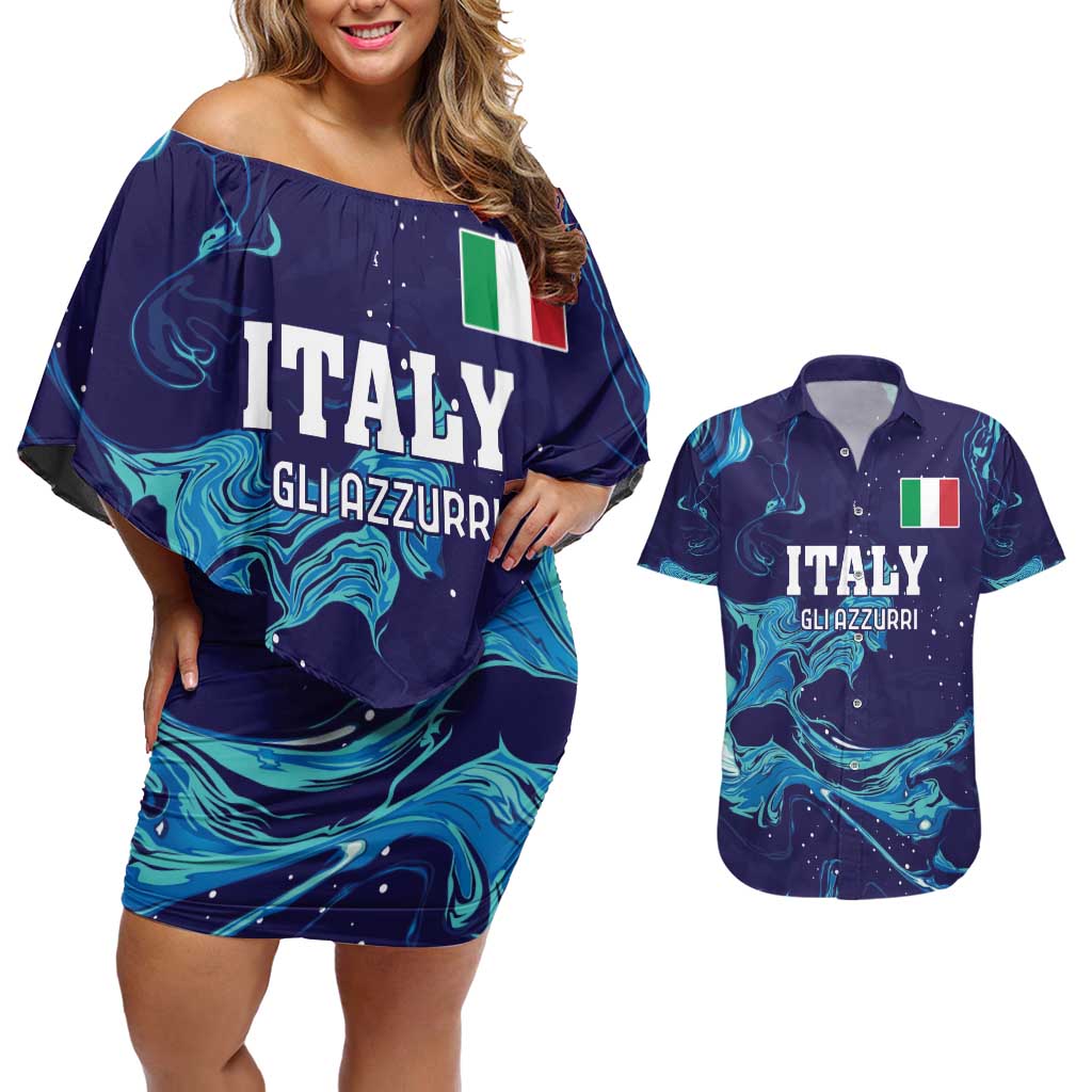 Custom Italy Rugby Couples Matching Off Shoulder Short Dress and Hawaiian Shirt Gli Azzurri Flame Pattern