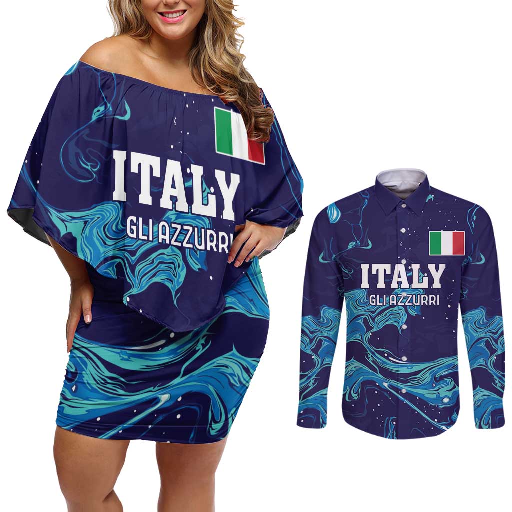 Custom Italy Rugby Couples Matching Off Shoulder Short Dress and Long Sleeve Button Shirt Gli Azzurri Flame Pattern