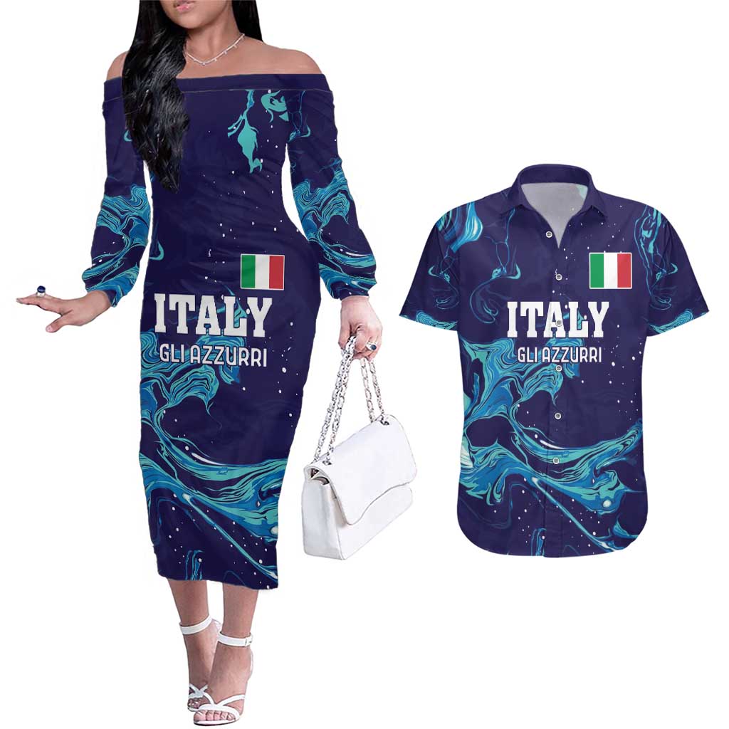 Custom Italy Rugby Couples Matching Off The Shoulder Long Sleeve Dress and Hawaiian Shirt Gli Azzurri Flame Pattern