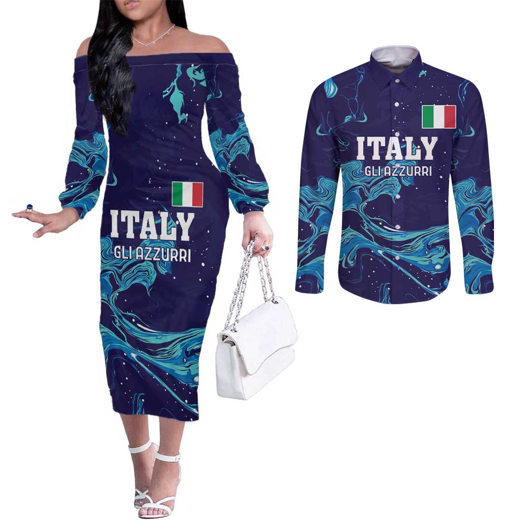 Custom Italy Rugby Couples Matching Off The Shoulder Long Sleeve Dress and Long Sleeve Button Shirt Gli Azzurri Flame Pattern