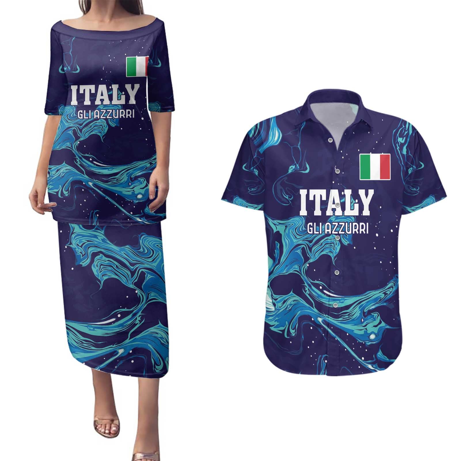 Custom Italy Rugby Couples Matching Puletasi and Hawaiian Shirt Gli Azzurri Flame Pattern