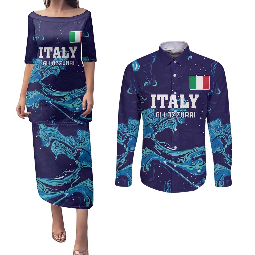 Custom Italy Rugby Couples Matching Puletasi and Long Sleeve Button Shirt Gli Azzurri Flame Pattern