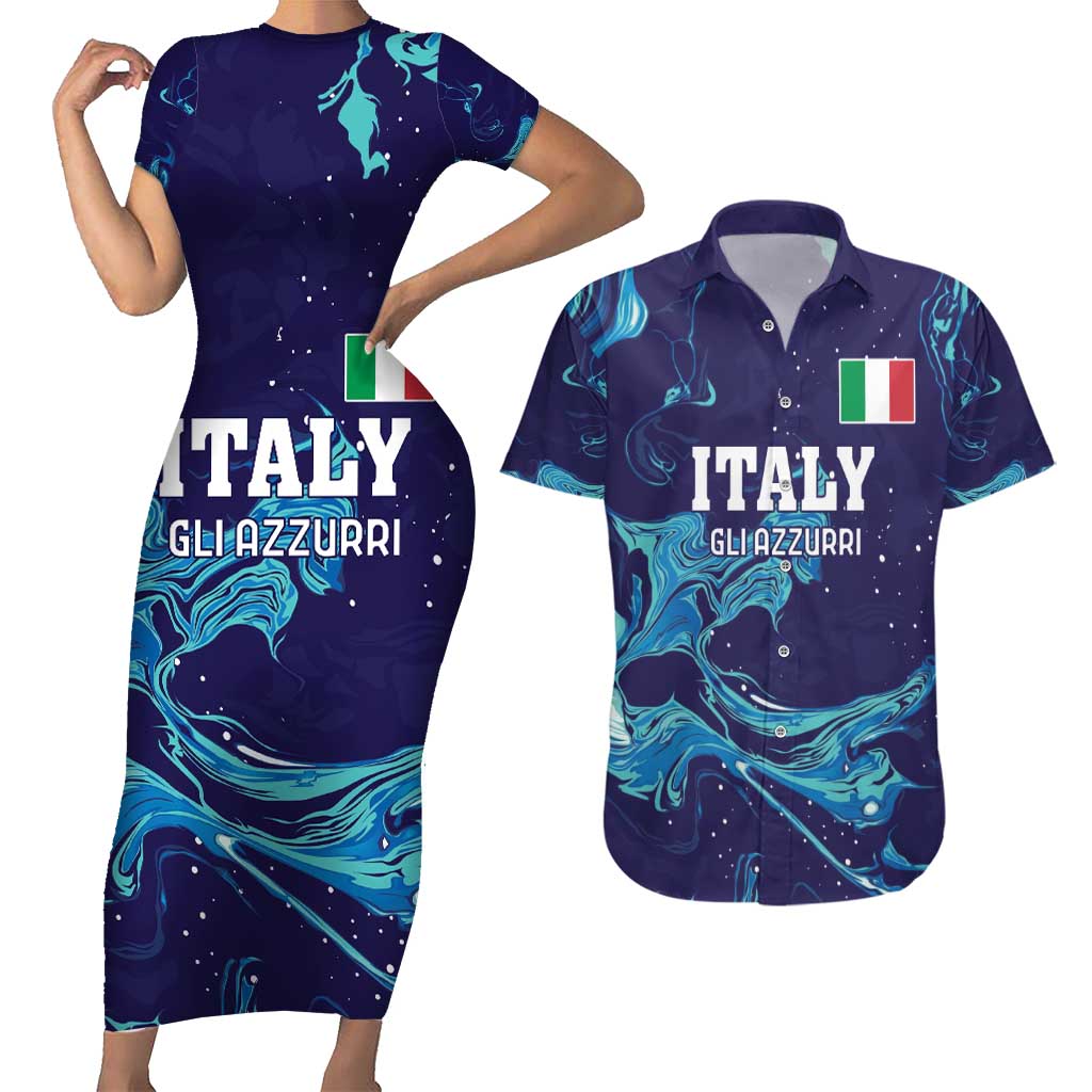 Custom Italy Rugby Couples Matching Short Sleeve Bodycon Dress and Hawaiian Shirt Gli Azzurri Flame Pattern