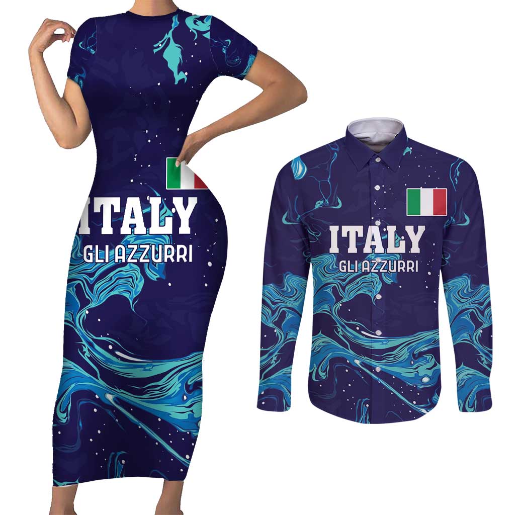 Custom Italy Rugby Couples Matching Short Sleeve Bodycon Dress and Long Sleeve Button Shirt Gli Azzurri Flame Pattern