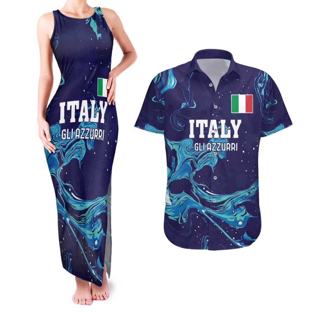 Custom Italy Rugby Couples Matching Tank Maxi Dress and Hawaiian Shirt Gli Azzurri Flame Pattern