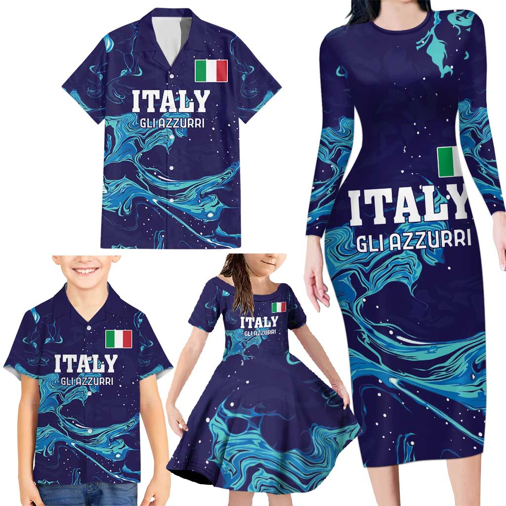 Custom Italy Rugby Family Matching Long Sleeve Bodycon Dress and Hawaiian Shirt Gli Azzurri Flame Pattern - Wonder Print Shop