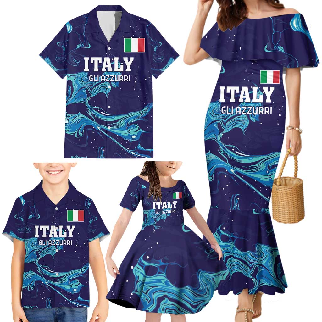 Custom Italy Rugby Family Matching Mermaid Dress and Hawaiian Shirt Gli Azzurri Flame Pattern - Wonder Print Shop