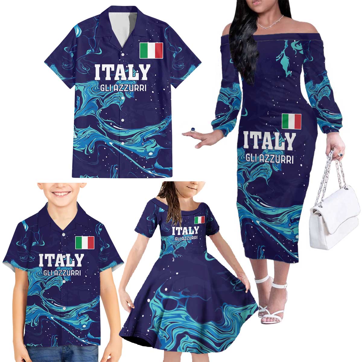 Custom Italy Rugby Family Matching Off The Shoulder Long Sleeve Dress and Hawaiian Shirt Gli Azzurri Flame Pattern