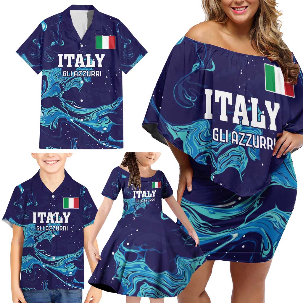 Custom Italy Rugby Family Matching Off Shoulder Short Dress and Hawaiian Shirt Gli Azzurri Flame Pattern - Wonder Print Shop