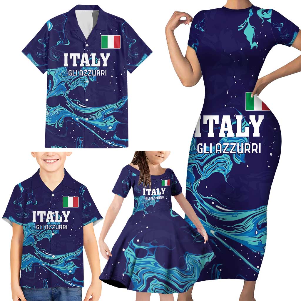 Custom Italy Rugby Family Matching Short Sleeve Bodycon Dress and Hawaiian Shirt Gli Azzurri Flame Pattern - Wonder Print Shop