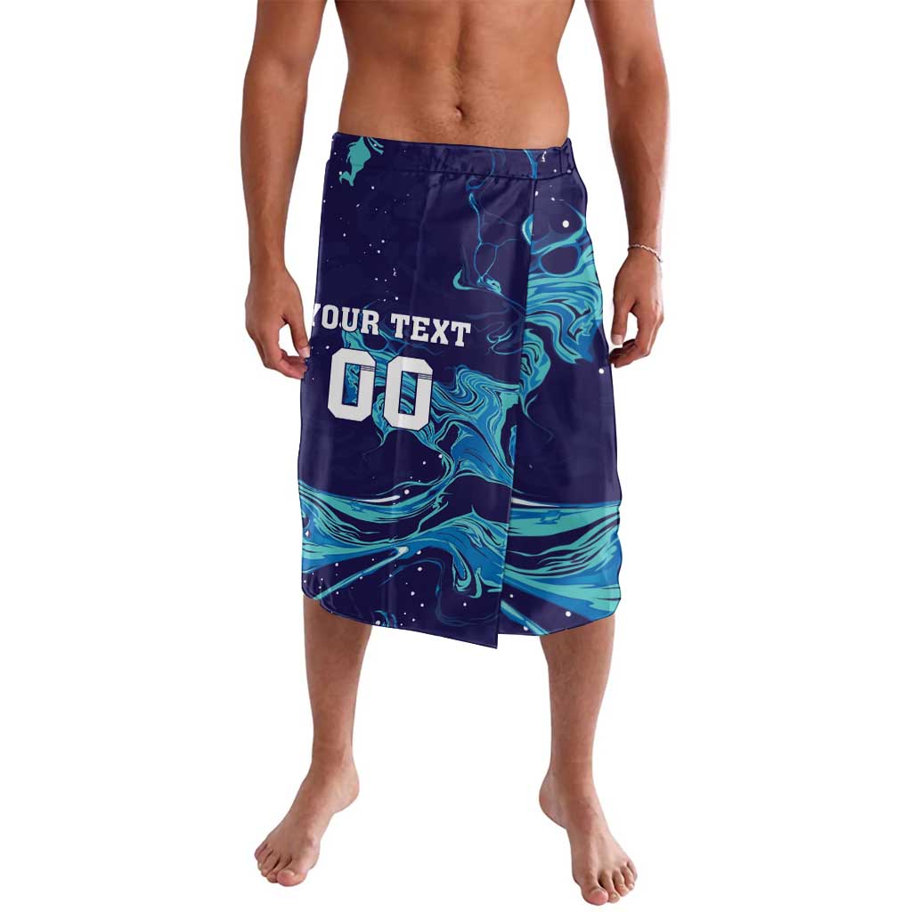Men's navy-blue board shorts with turquoise wave flame graphic and elastic waistband