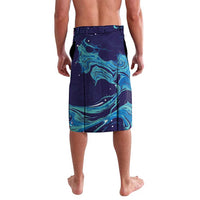 Men's navy-blue board shorts with turquoise abstract flame/wave pattern, rear view