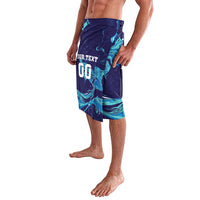 Men's navy-blue board shorts with turquoise wave graphic and 'YOUR TEXT 00' front