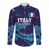 Blue rugby long-sleeve button shirt with flame pattern, Italy crest badge