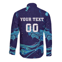 Blue rugby long-sleeve button shirt back with flame pattern and 'YOUR TEXT' 90
