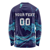 Unisex long sleeve rugby shirt dark blue with turquoise flame swirl and 'YOUR TEXT 00' back