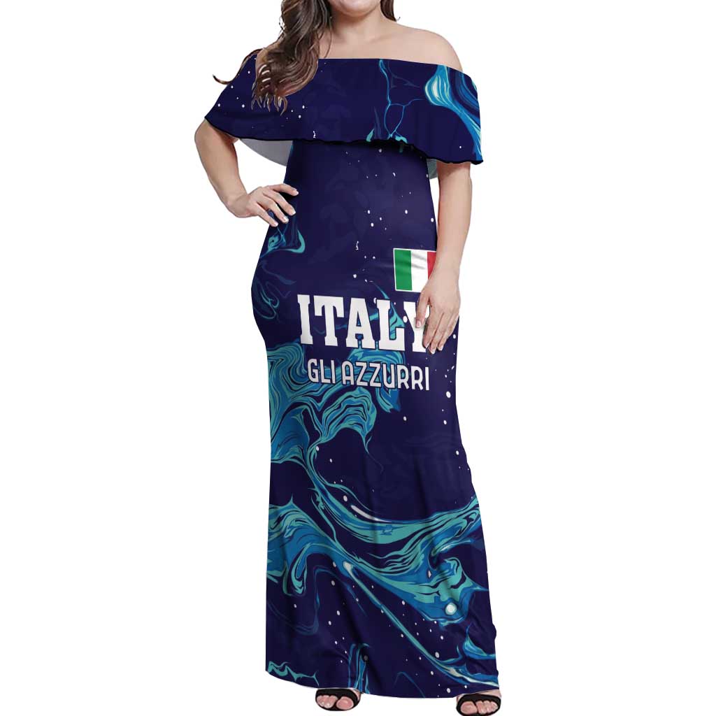 Custom Italy Rugby Off Shoulder Maxi Dress Gli Azzurri Flame Pattern - Wonder Print Shop