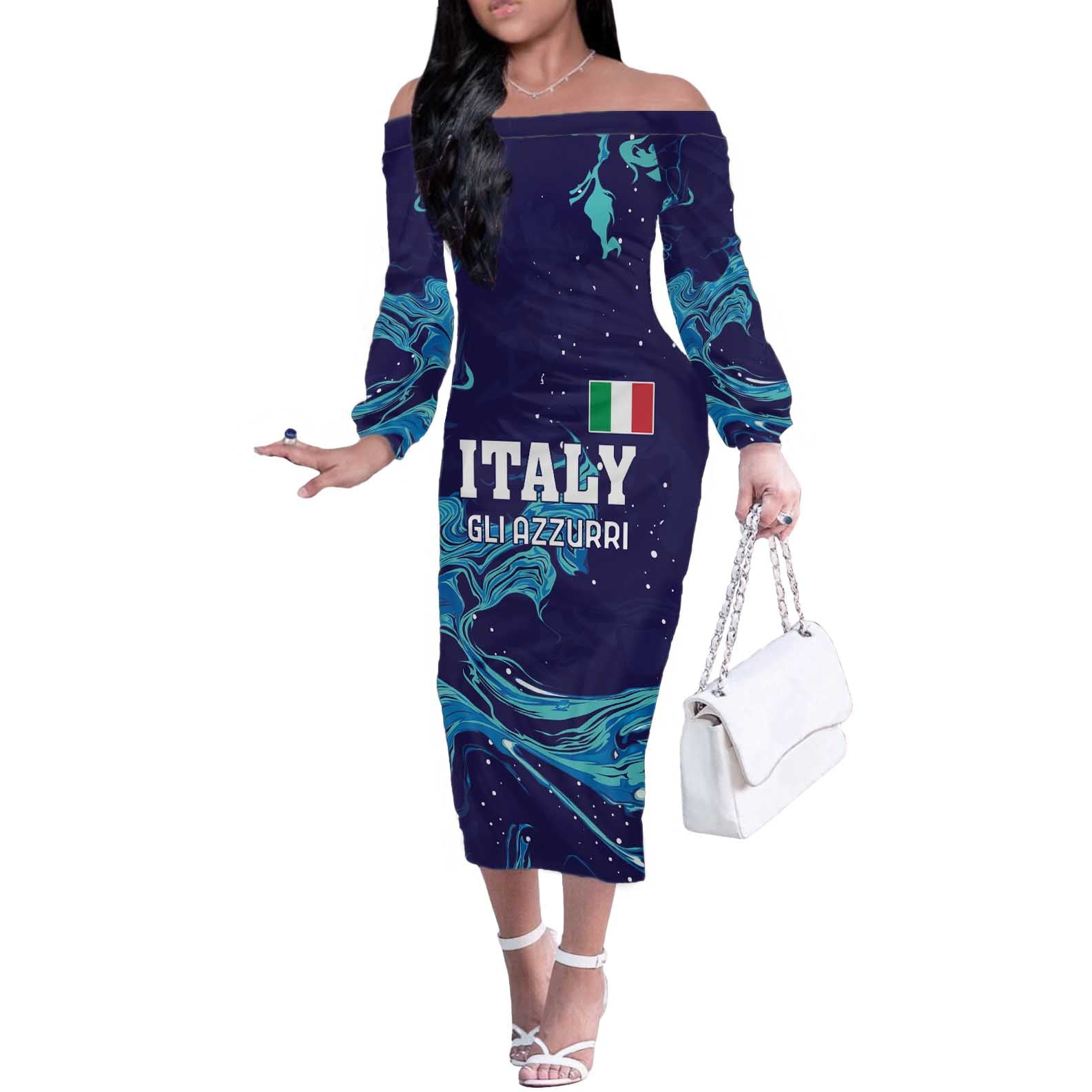 Custom Italy Rugby Off The Shoulder Long Sleeve Dress Gli Azzurri Flame Pattern - Wonder Print Shop