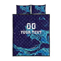 Navy quilt bed set with blue flame swirl print, centered "00" and "YOUR TEXT", 2 pillowcases