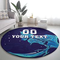 Round custom rug with navy and teal swirl graphic and centered customizable text