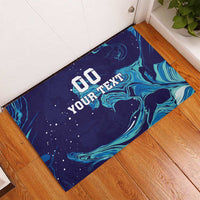 Custom rubber doormat with blue marbled flame waves and 'GO YOUR TEXT' lettering