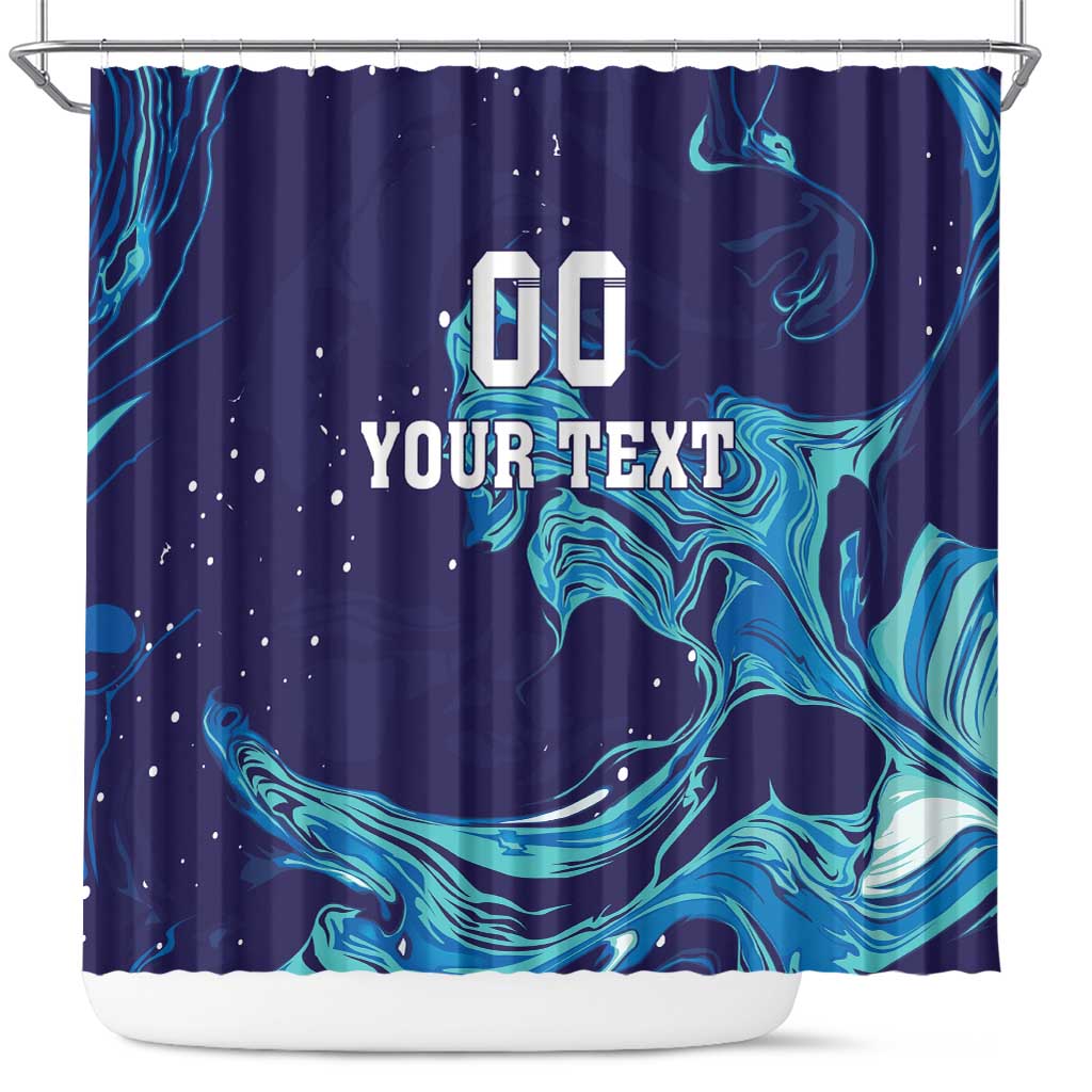 Blue shower curtain with teal swirl flame pattern and 'YOUR TEXT' placeholder, on rod