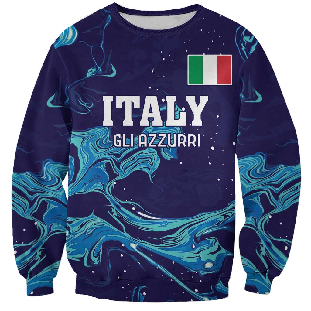Blue rugby sweatshirt with neon flame pattern, “ITALY” chest text, long sleeves