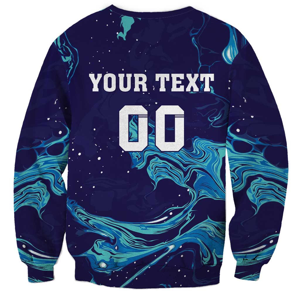 Blue rugby sweatshirt with neon flame pattern, “YOUR TEXT” and “00” graphic on front