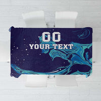Custom rugby tablecloth, navy with teal flame-like swirl pattern and “DO YOUR TEXT” text