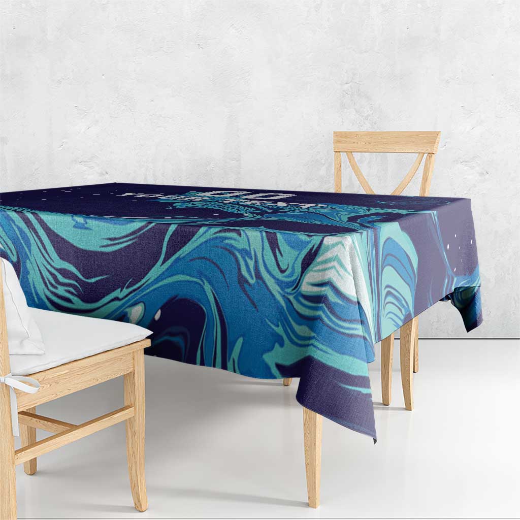 Custom rugby tablecloth, navy and teal flame-like swirl pattern with overhanging corner drape