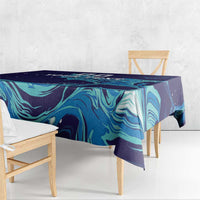 Custom rugby tablecloth, navy and teal flame-like swirl pattern with overhanging corner drape
