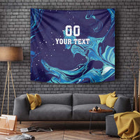 Rectangular tapestry with dark blue and teal flame-wave pattern and 'YOUR TEXT' text