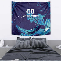 Rectangular wall tapestry in dark blue with teal flame swirls and 'YOUR TEXT' placeholder