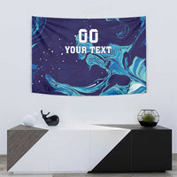 Rectangular tapestry showing dark blue space backdrop with teal flame-wave art and 'YOUR TEXT'