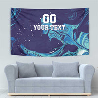 Rectangular dark blue tapestry with teal flame waves and 'YOUR TEXT' placeholder text