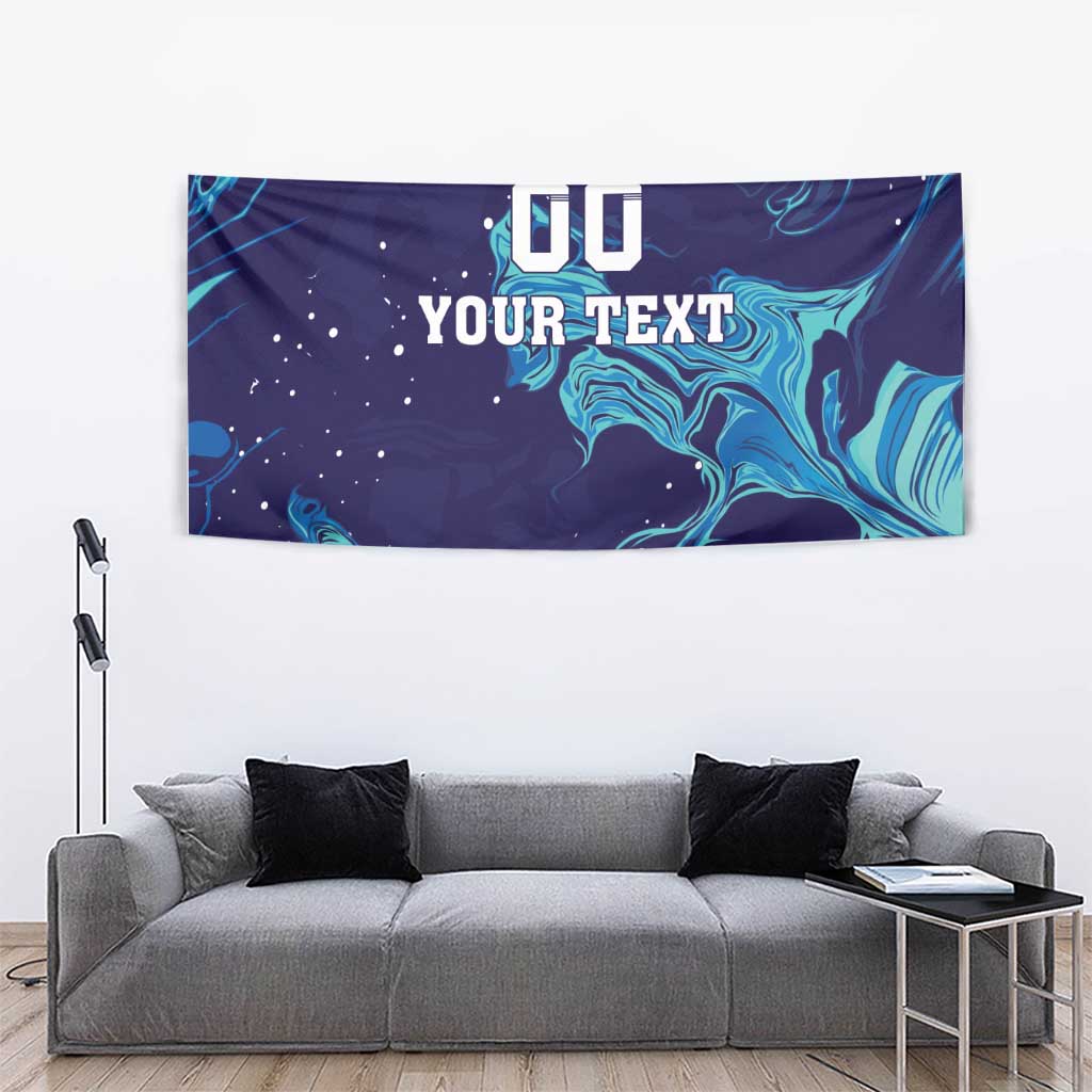 Rectangular wall tapestry with dark blue and teal flame-wave pattern and 'YOUR TEXT' text
