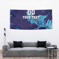 Rectangular wall tapestry with dark blue and teal flame-wave pattern and 'YOUR TEXT' text