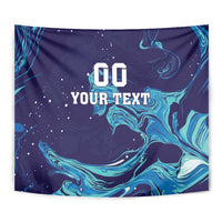 Close-up rectangular tapestry in dark blue with teal flame waves and 'YOUR TEXT' placeholder