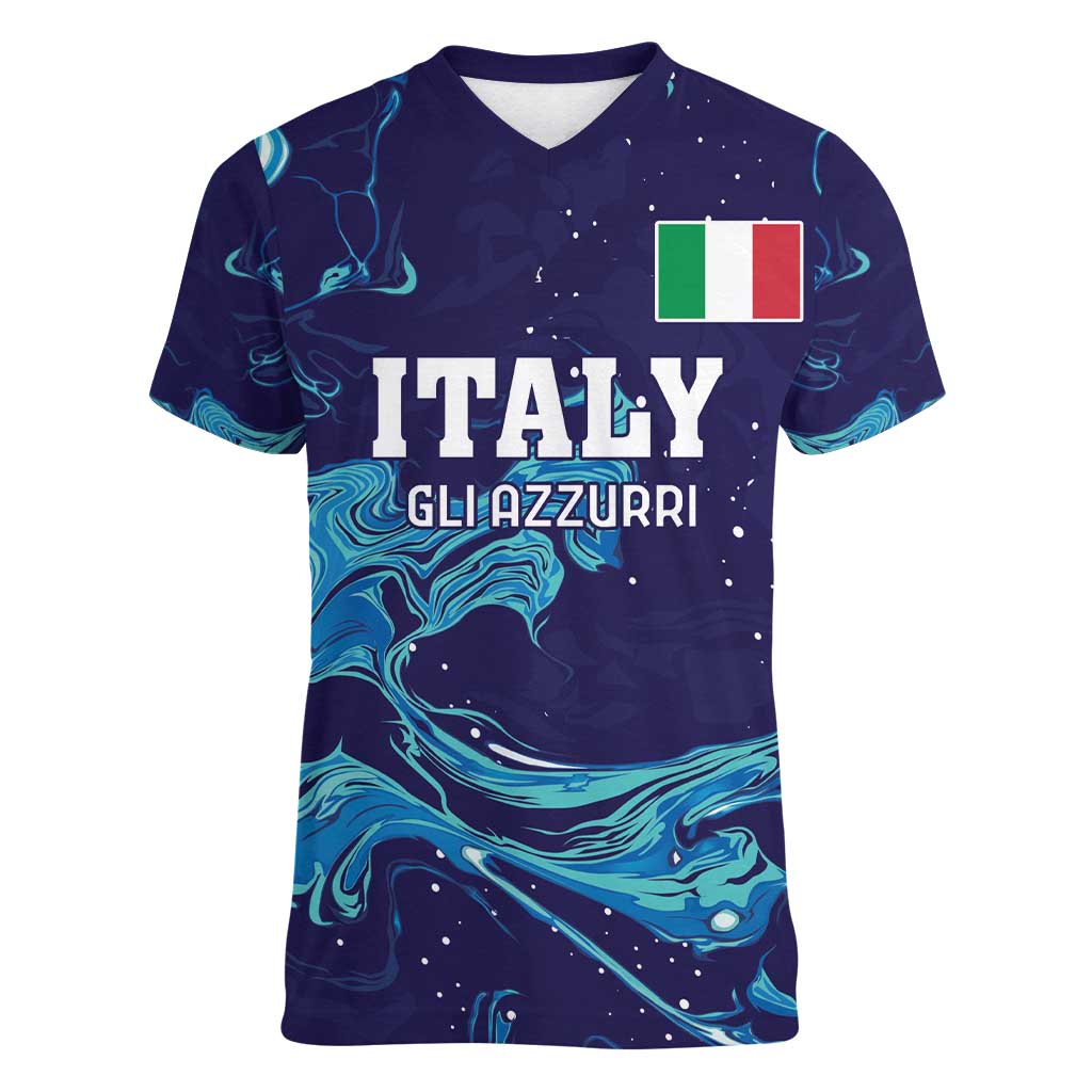 Custom Italy Rugby Women V-Neck T-Shirt Gli Azzurri Flame Pattern