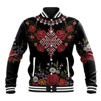 Black embroidered varsity baseball jacket with red rose floral and geometric pattern, ribbed hem