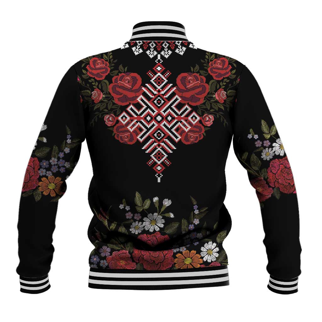 Black embroidered baseball jacket with red rose floral and central geometric cross pattern