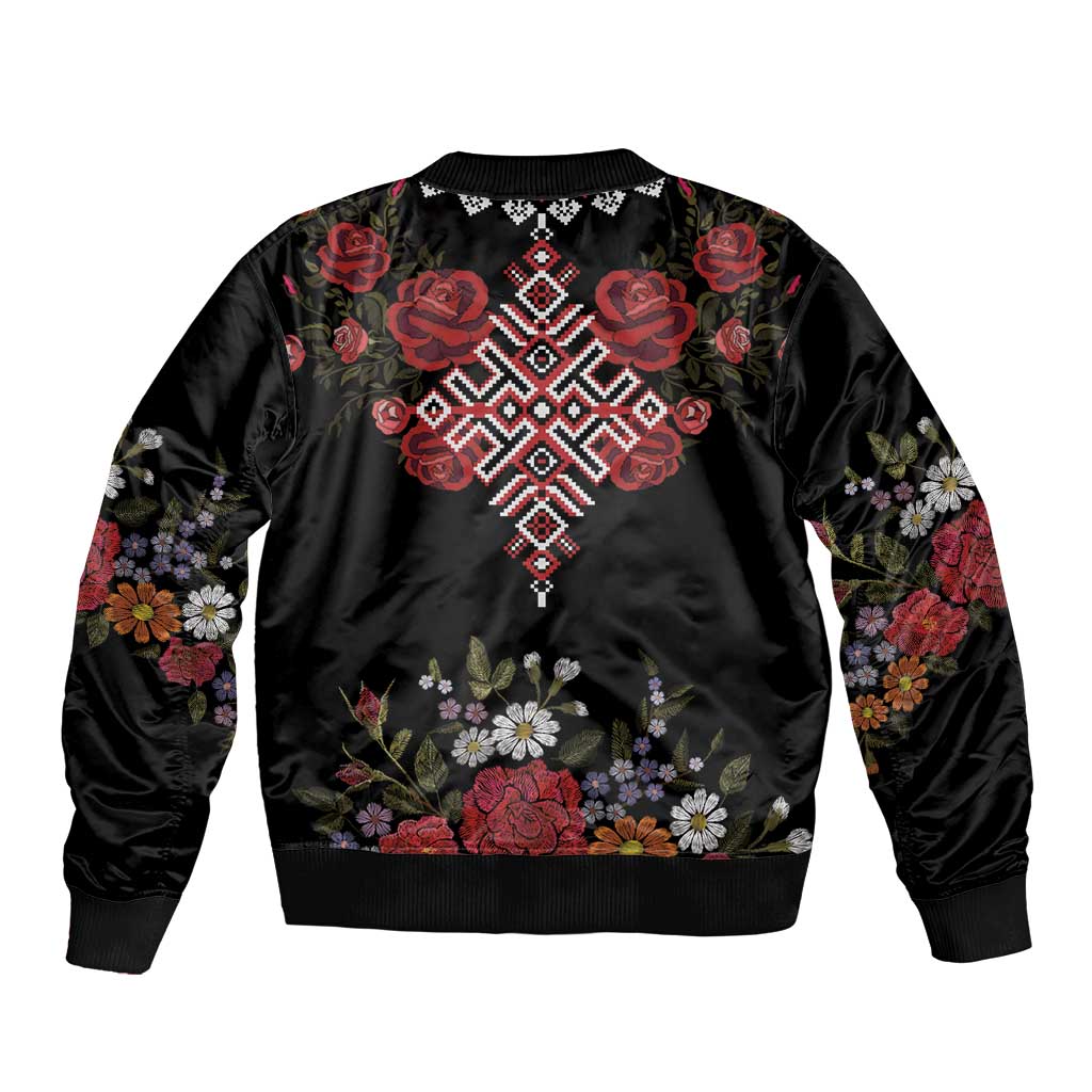 Czech Republic Traditional Costume Bomber Jacket Embroidery Floral Pattern With Red Rose