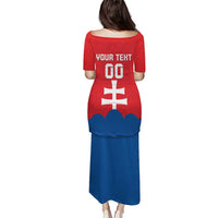 Red football T-shirt dress with Your Text 00 and Slovak crest on back, blue skirt