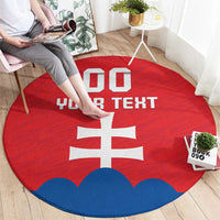 Red round football rug with white cross emblem, 'YOUR TEXT' text, blue scalloped edge