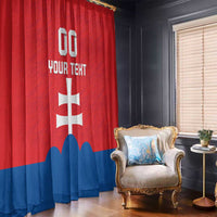 Red and blue flag window curtains with white cross and custom text, gathered at top.